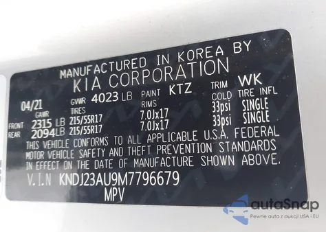 2021 Kia Soul S z USA, uszkodzony, nr VIN KNDJ23AU9M7796679